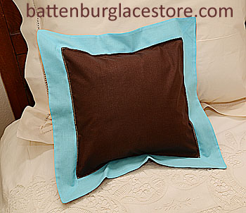 Pillow sham.12"x12" Square. Brown with AQUA Blue color border